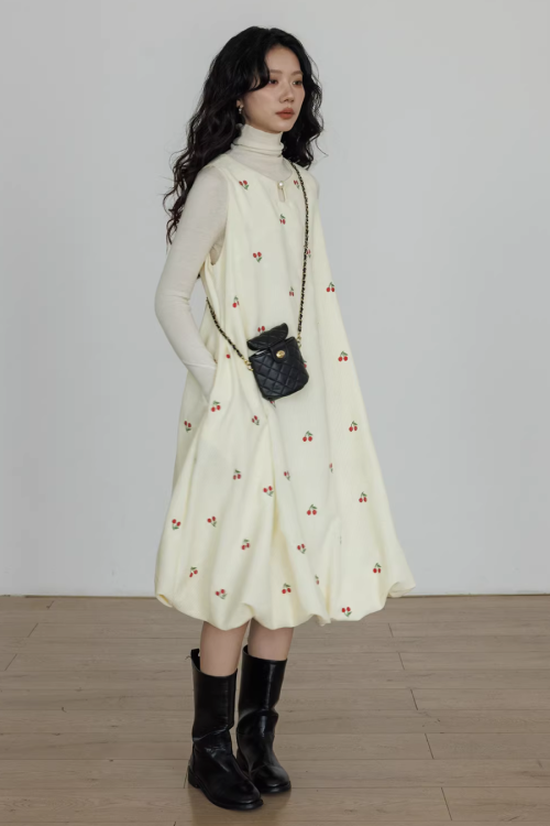 Crew Neck Cherry Vest Dress