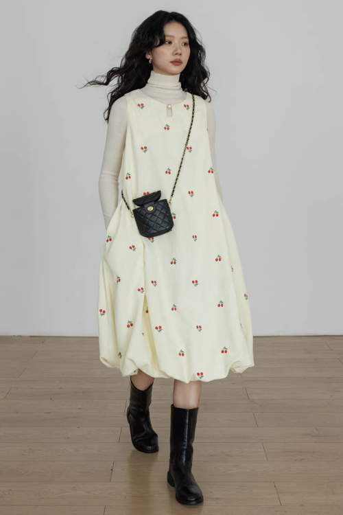 Crew Neck Cherry Vest Dress