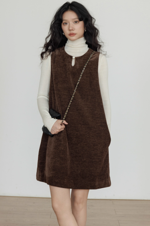 Crew Neck Velvet Vest Dress