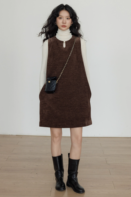 Crew Neck Velvet Vest Dress