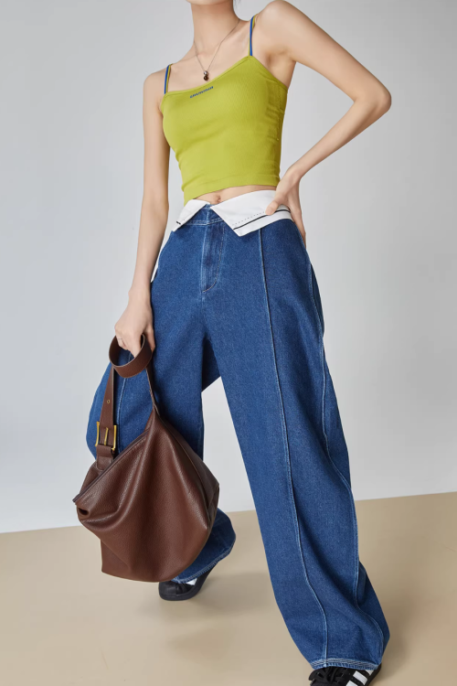 Cuffed Waist Wide Denim