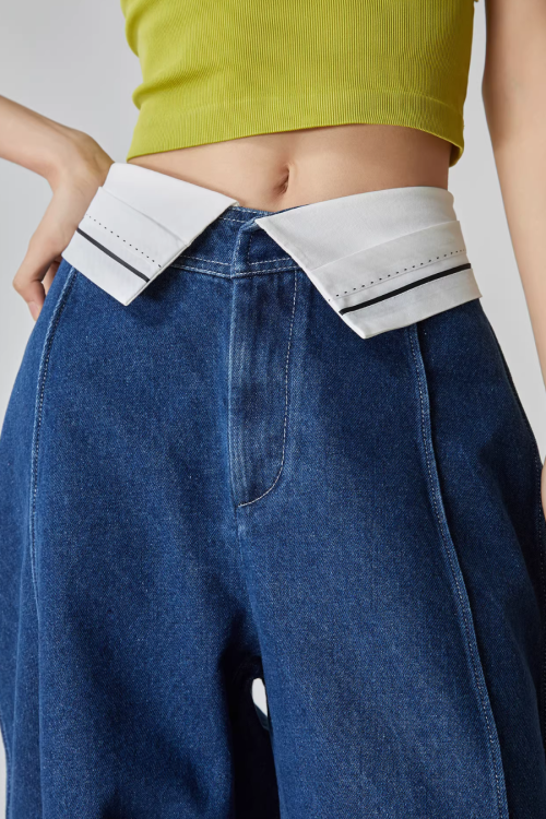 Cuffed Waist Wide Denim