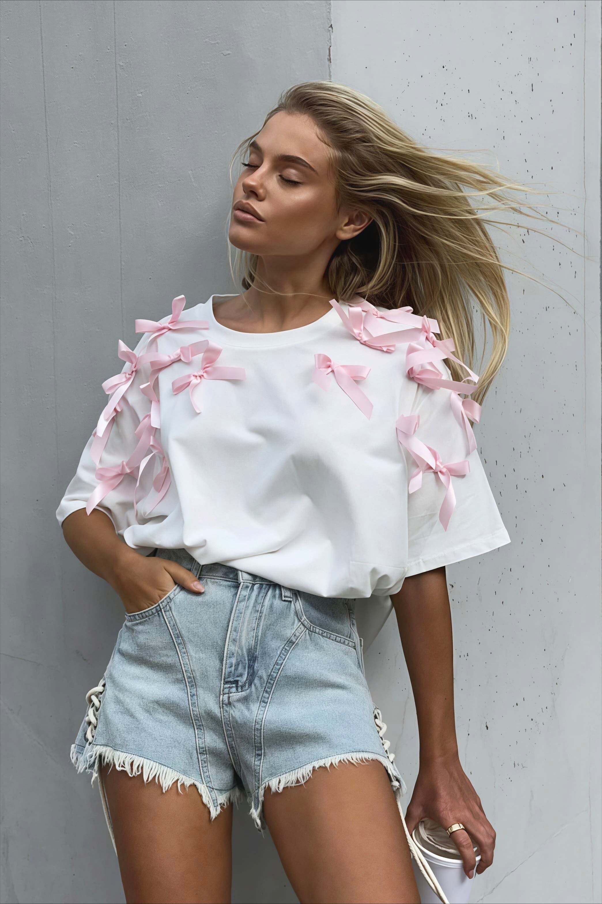 Cute Bowknot Ribbon Loose Short Sleeve T-shirt