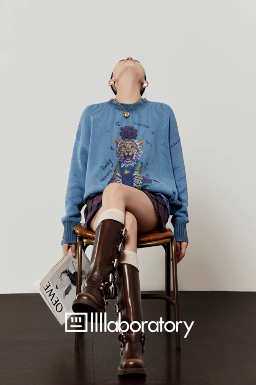 Cute Tiger Print Knit / Plaid Mini Skirt