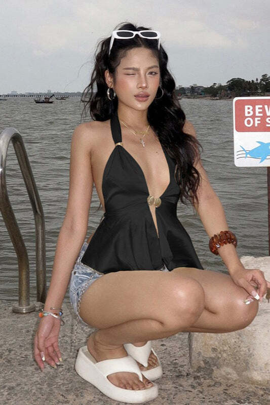 Cutout Sexy Halter Deep V Satin Cami Top Cutout Sexy Halter Deep V Satin Cami Top