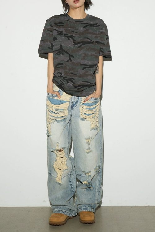 Damage Wide Leg Denim Pants