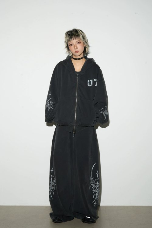 Dark Loose Silhouette Zip Hoodie / Wide Sweatpants