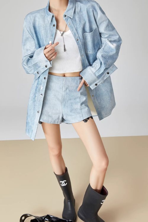 Denim Long-Sleeve Shirt / High-Waisted Shorts