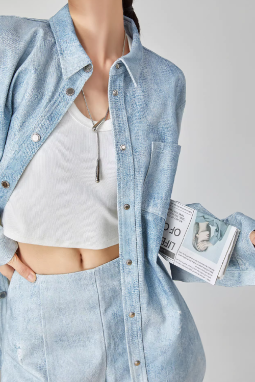 Denim Long-Sleeve Shirt / High-Waisted Shorts