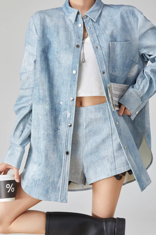Denim Long-Sleeve Shirt / High-Waisted Shorts