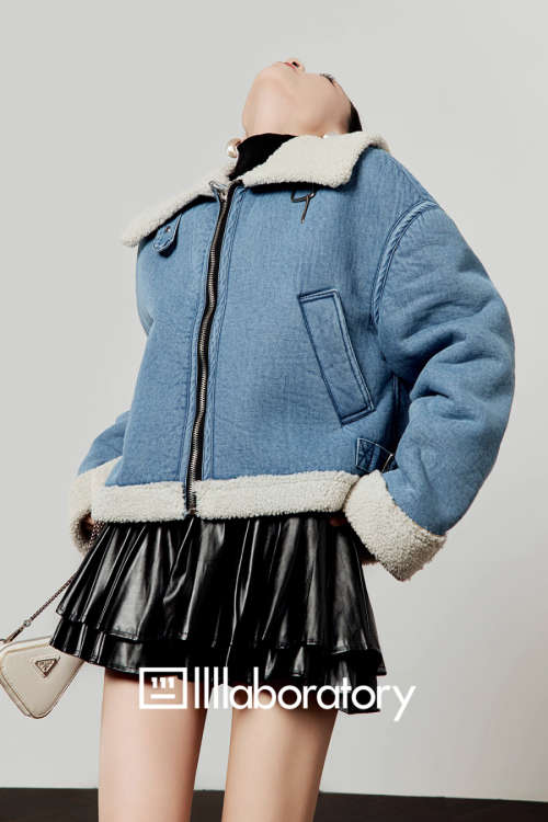 Denim Mouton Jacket / Leather Tiered Skirt