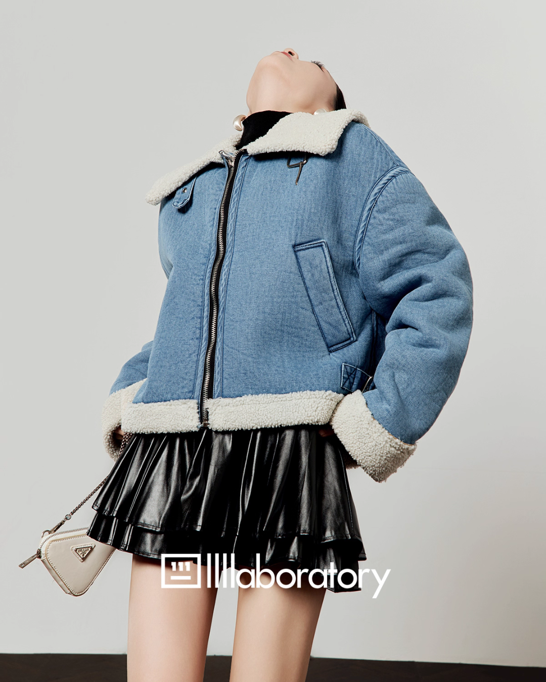 Denim Mouton Jacket / Leather Tiered Skirt Denim Mouton Jacket / Leather Tiered Skirt