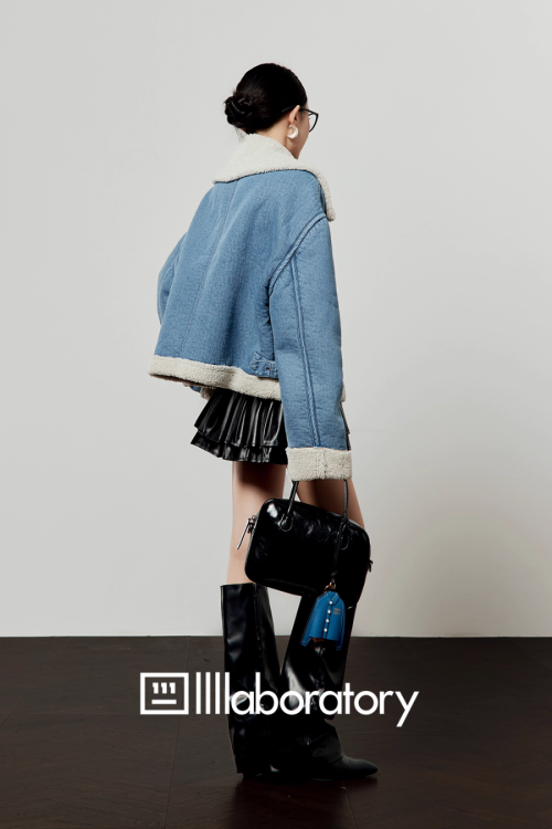 Denim Mouton Jacket / Leather Tiered Skirt