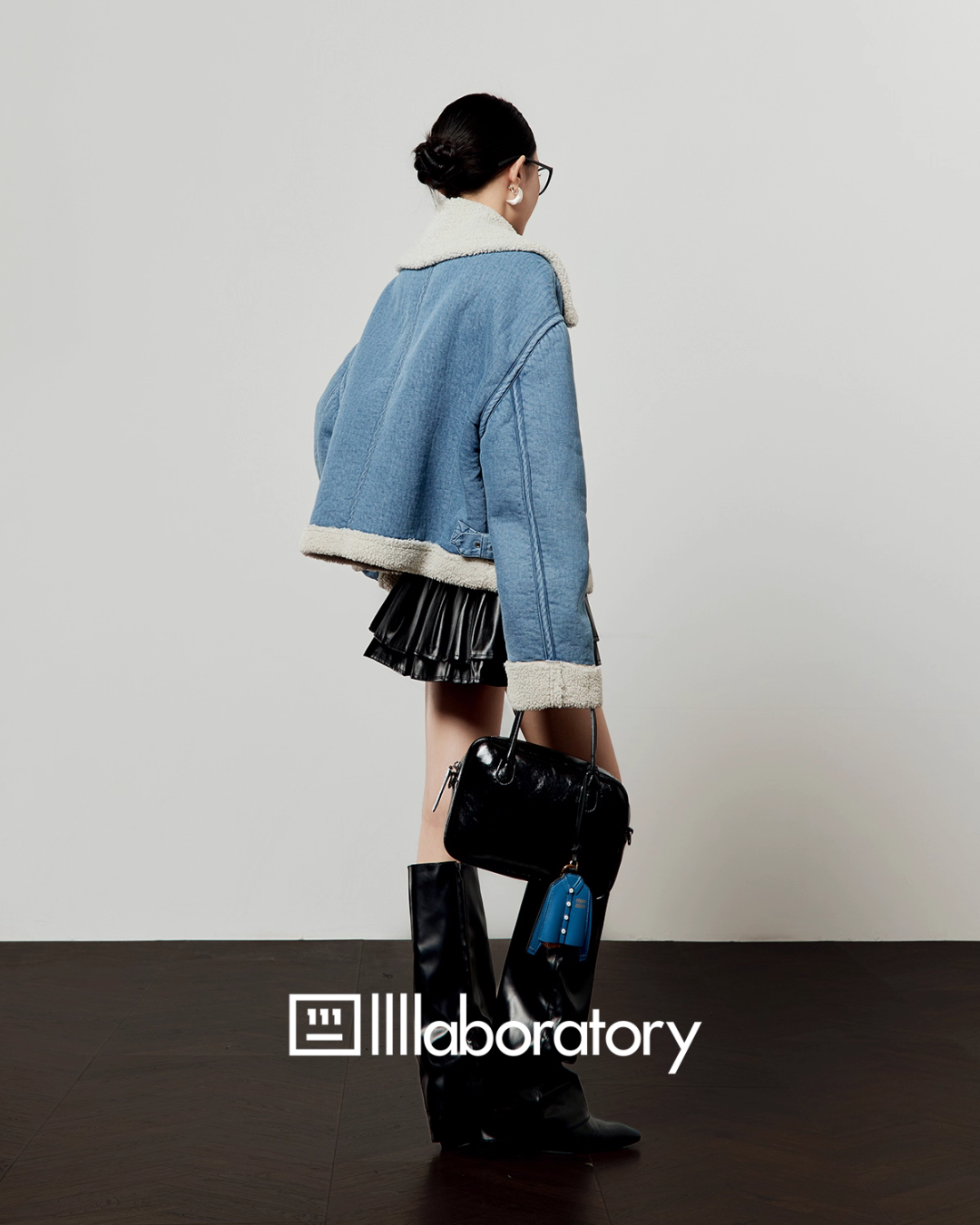 Denim Mouton Jacket / Leather Tiered Skirt Denim Mouton Jacket / Leather Tiered Skirt