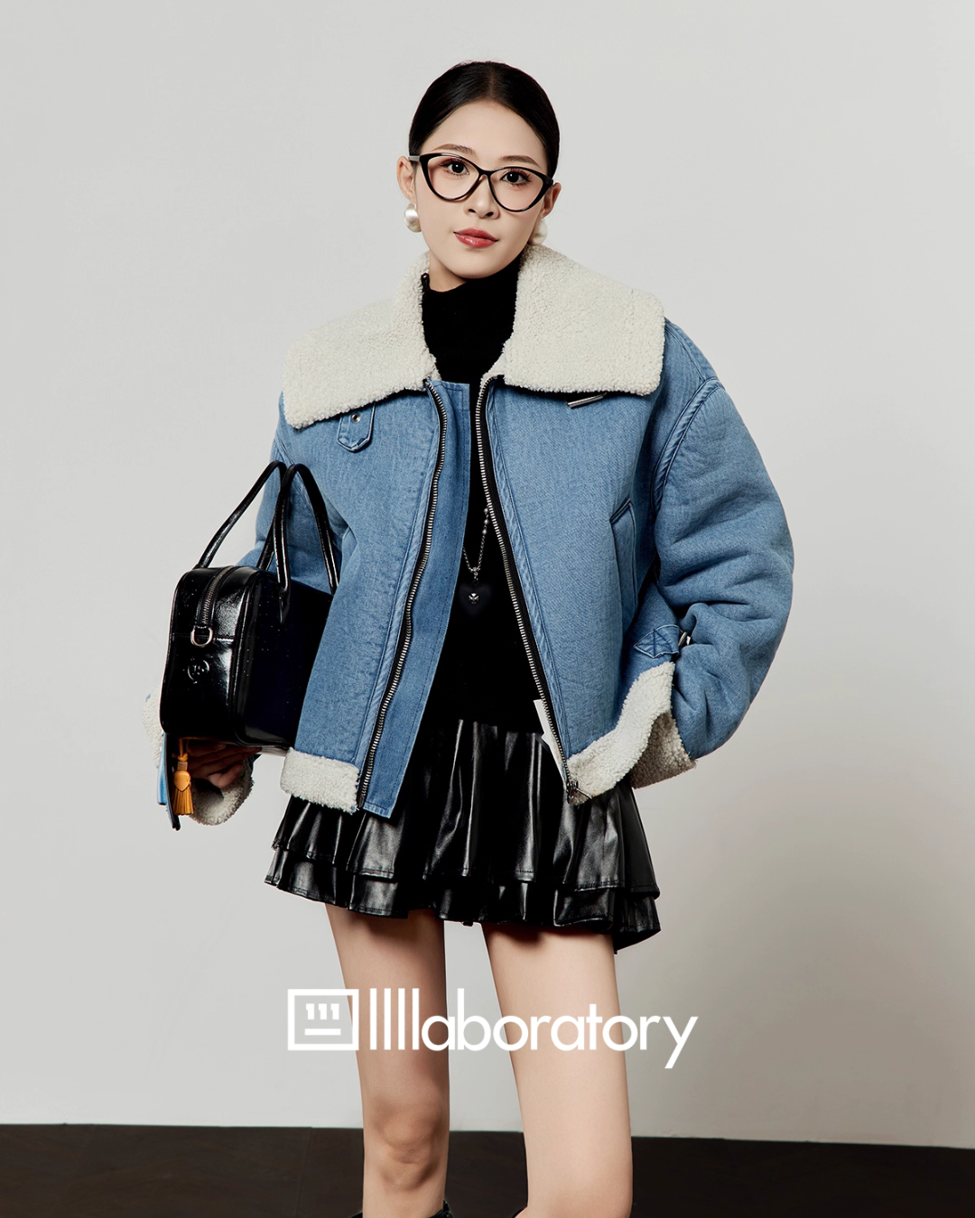 Denim Mouton Jacket / Leather Tiered Skirt Denim Mouton Jacket / Leather Tiered Skirt