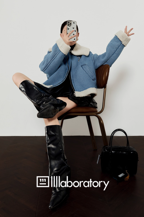 Denim Mouton Jacket / Leather Tiered Skirt