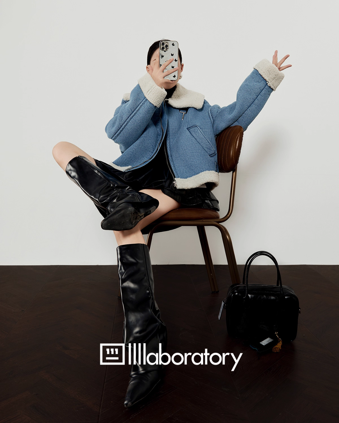 Denim Mouton Jacket / Leather Tiered Skirt Denim Mouton Jacket / Leather Tiered Skirt