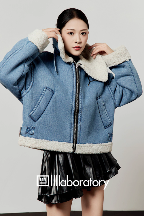 Denim Mouton Jacket / Leather Tiered Skirt