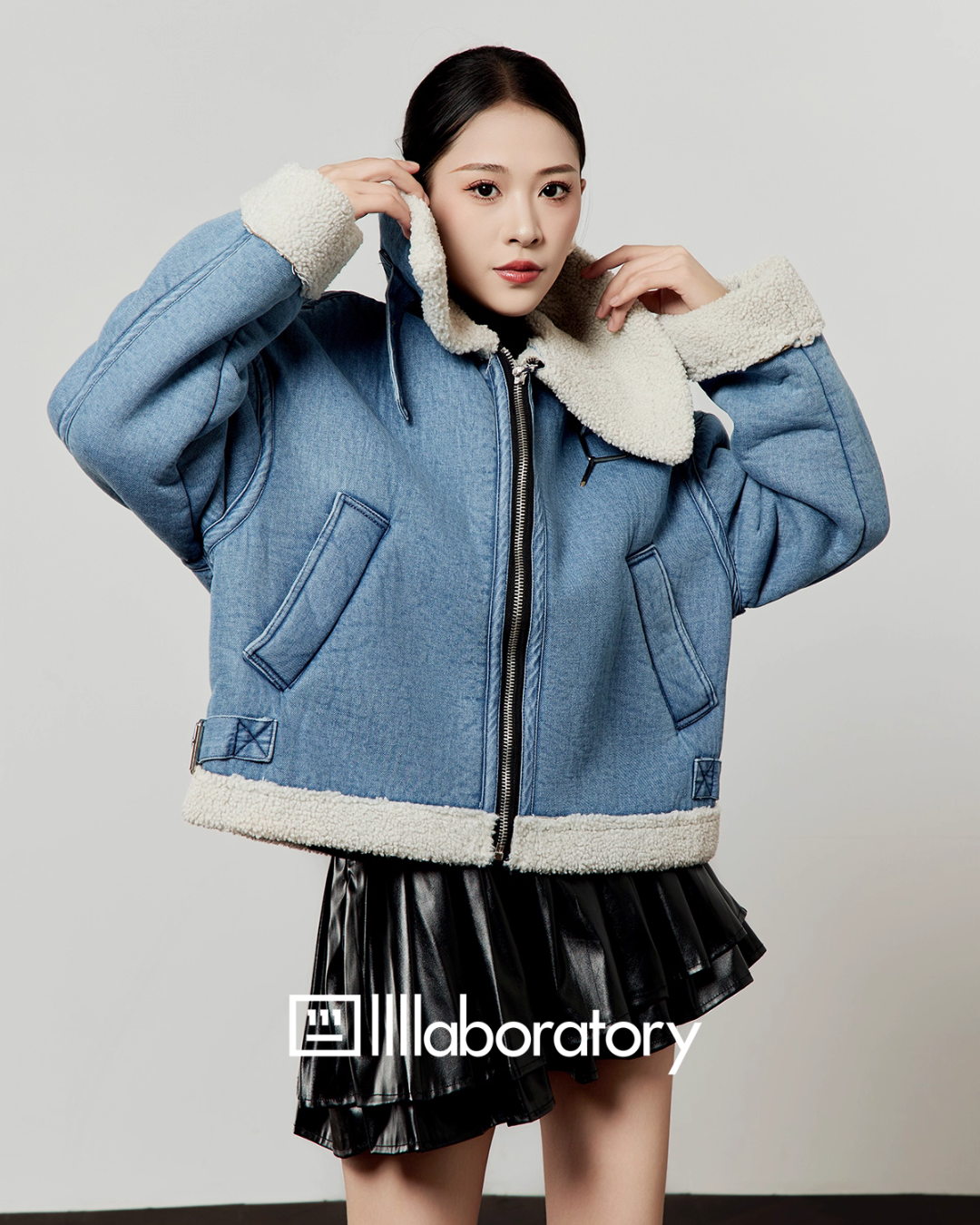 Denim Mouton Jacket / Leather Tiered Skirt Denim Mouton Jacket / Leather Tiered Skirt