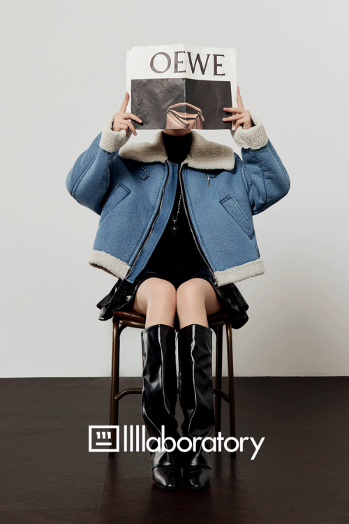 Denim Mouton Jacket / Leather Tiered Skirt