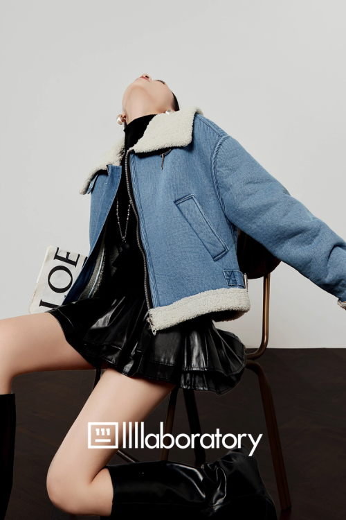 Denim Mouton Jacket / Leather Tiered Skirt