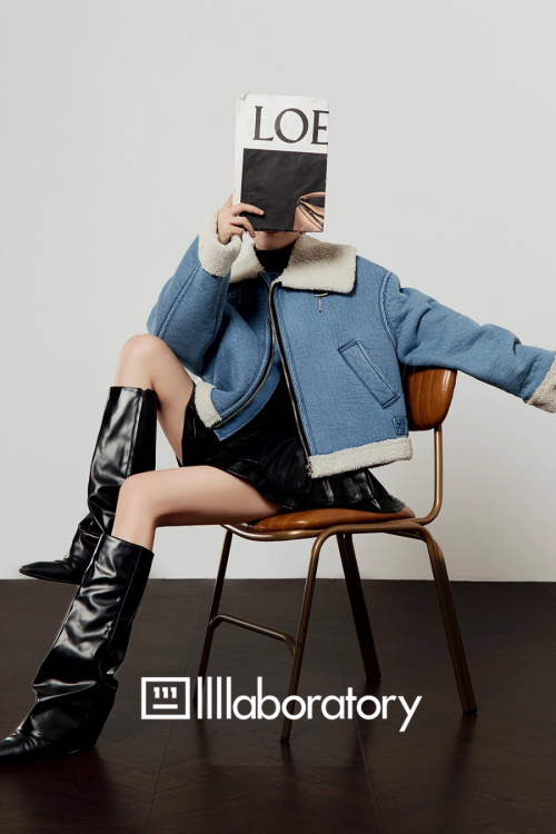 Denim Mouton Jacket / Leather Tiered Skirt