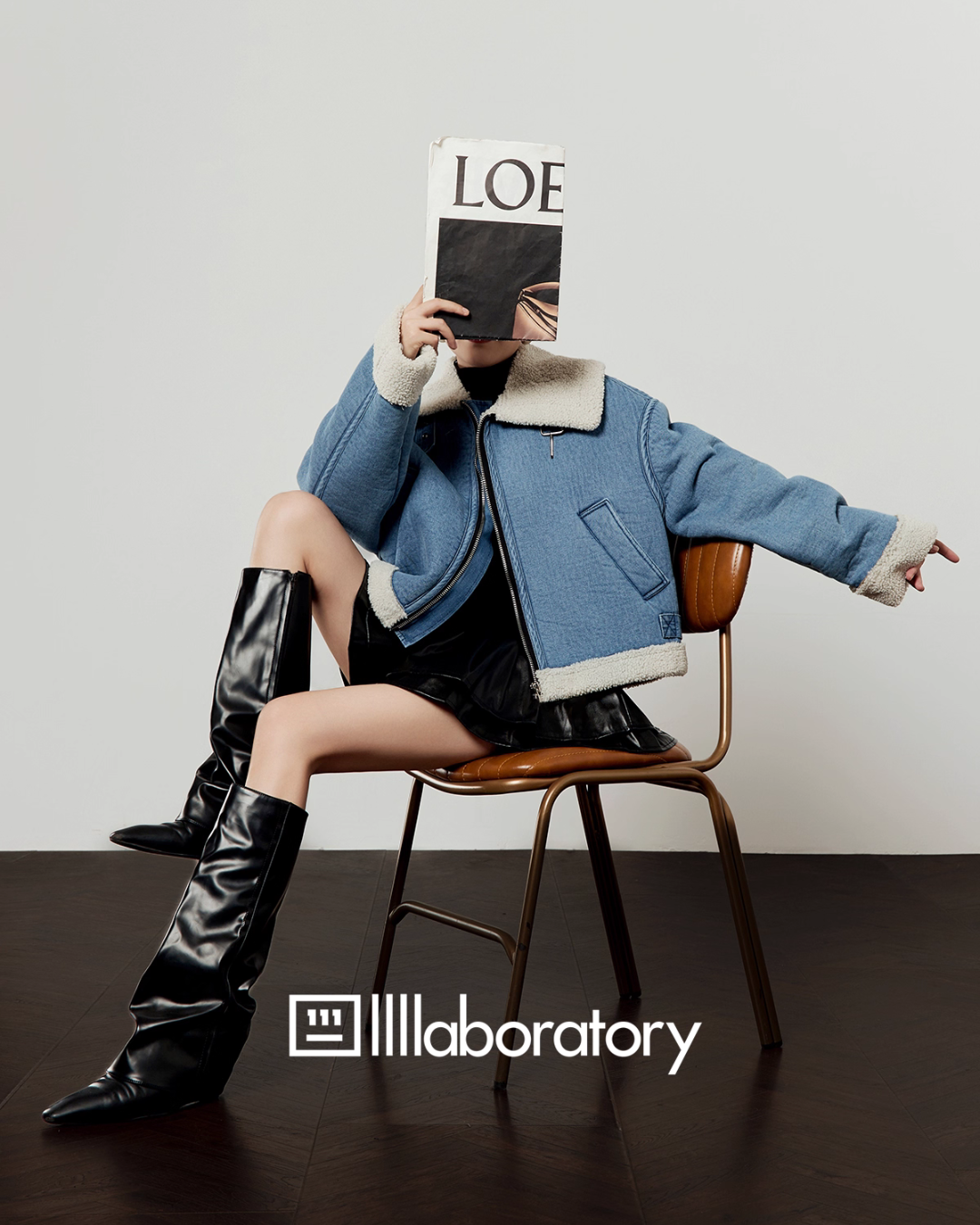 Denim Mouton Jacket / Leather Tiered Skirt Denim Mouton Jacket / Leather Tiered Skirt