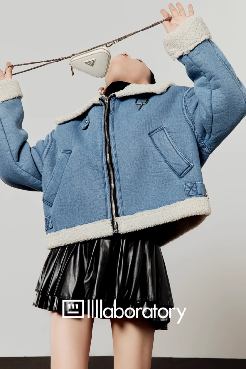 Denim Mouton Jacket / Leather Tiered Skirt