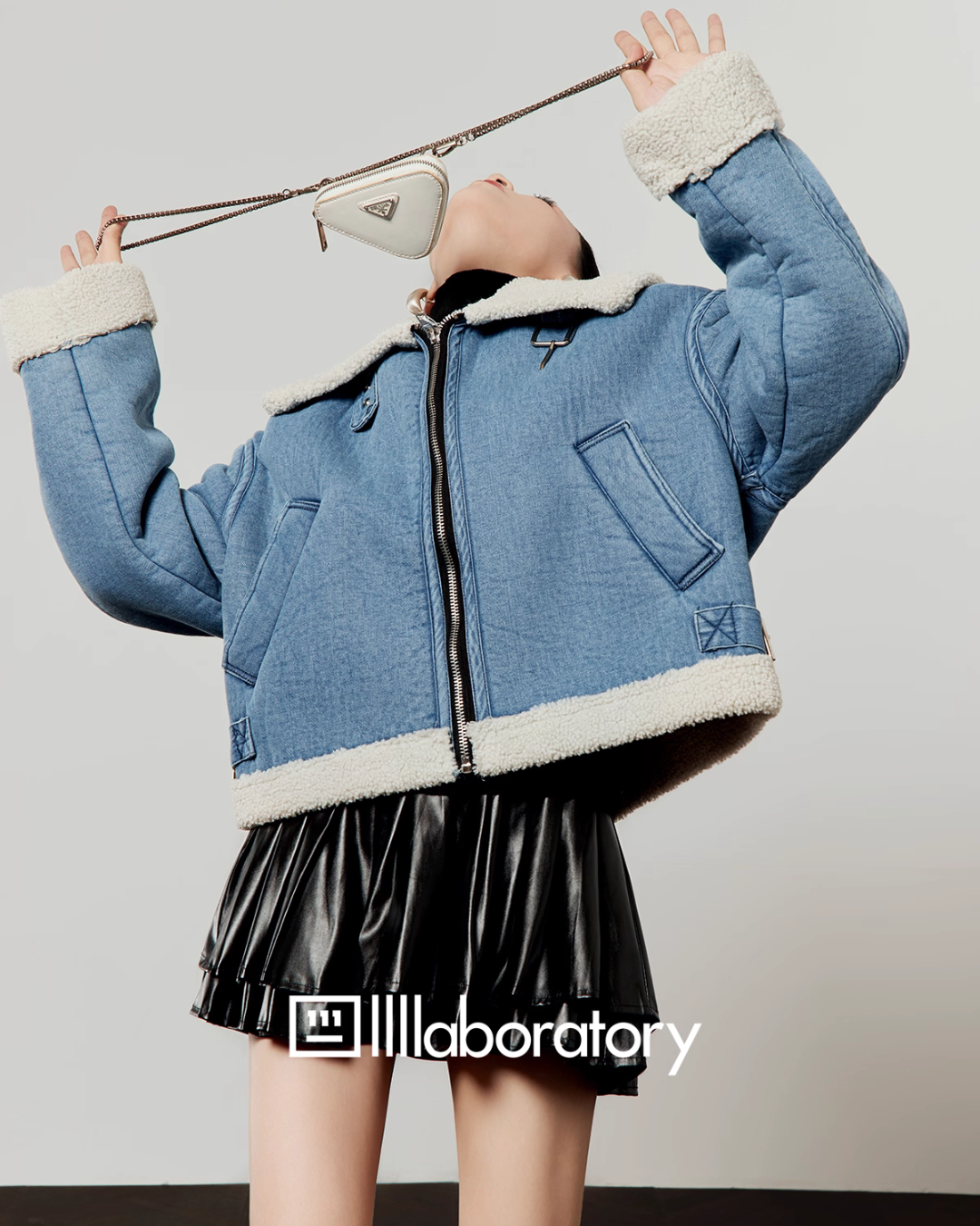 Denim Mouton Jacket / Leather Tiered Skirt Denim Mouton Jacket / Leather Tiered Skirt