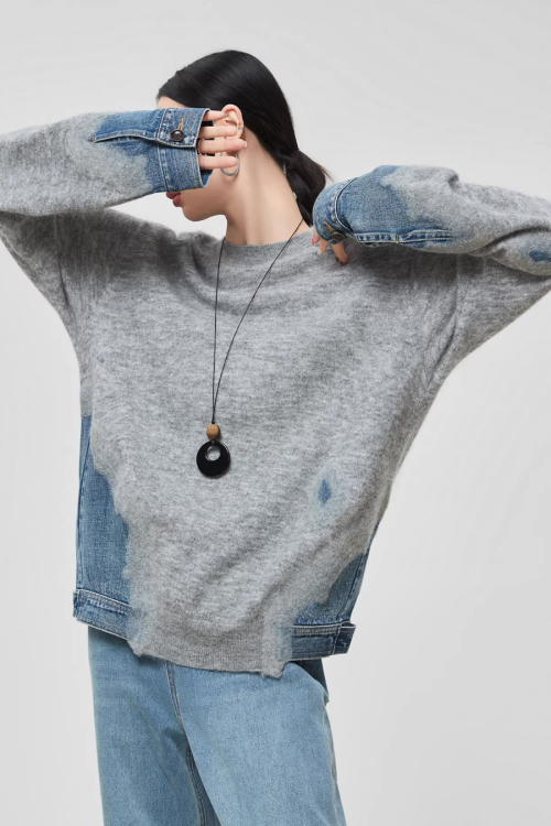 Denim Patchwork Crew Neck Top