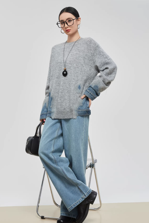 Denim Patchwork Crew Neck Top