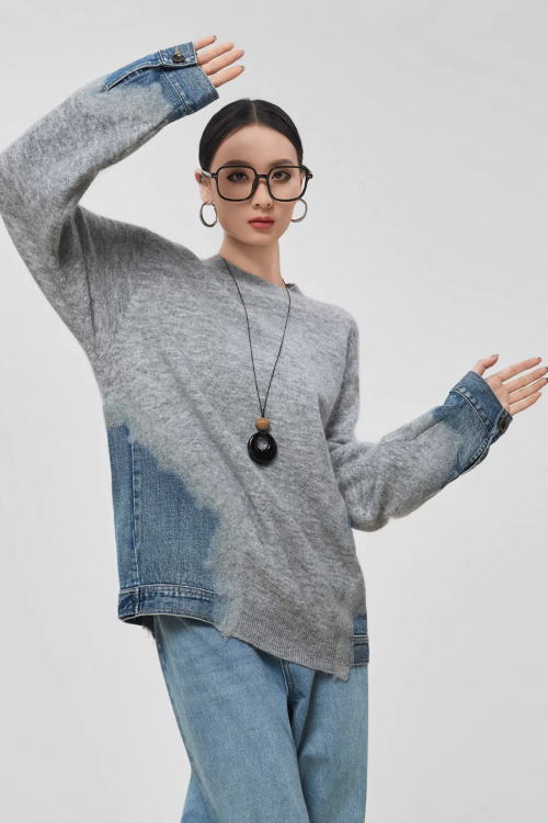 Denim Patchwork Crew Neck Top