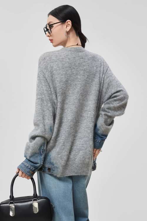 Denim Patchwork Crew Neck Top