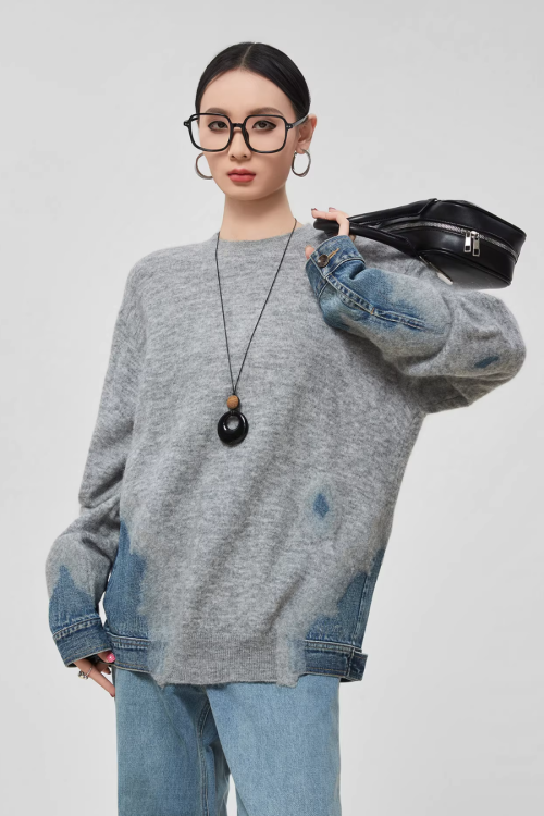 Denim Patchwork Crew Neck Top