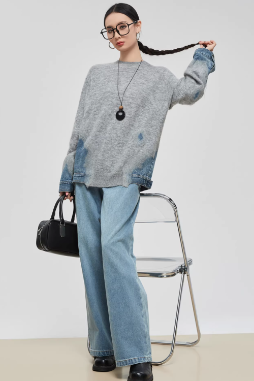 Denim Patchwork Crew Neck Top