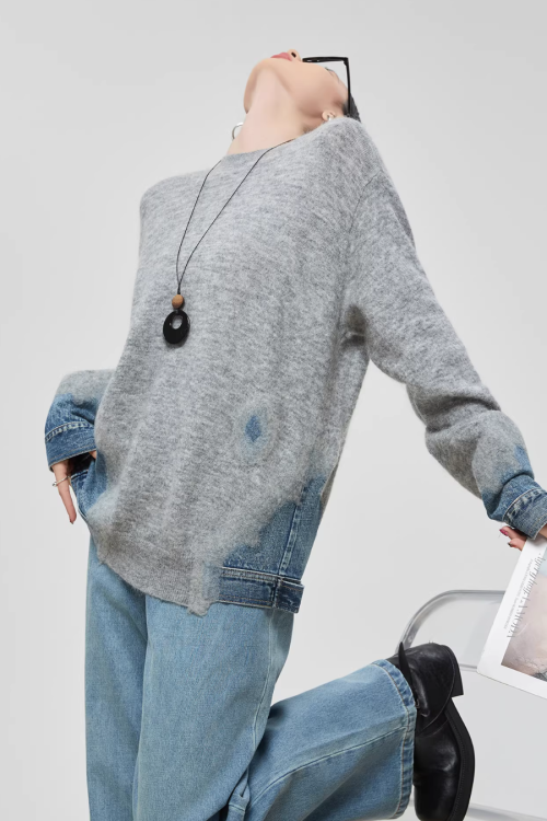 Denim Patchwork Crew Neck Top