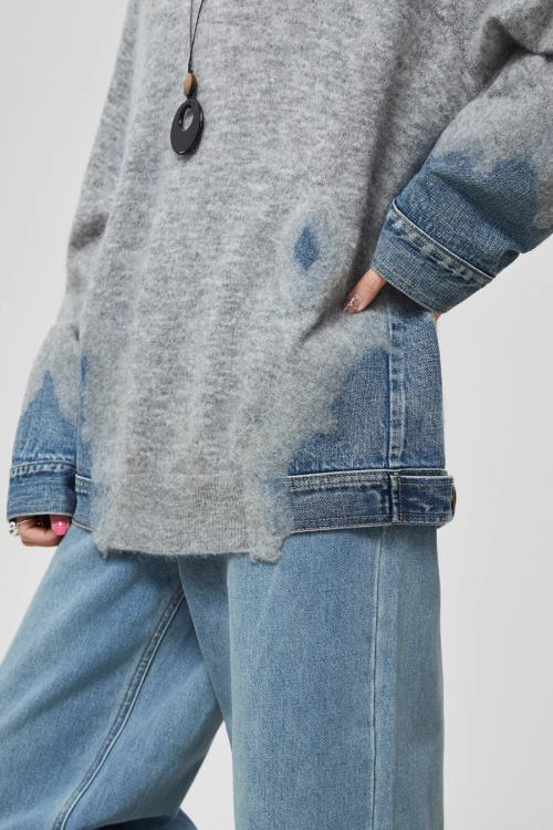 Denim Patchwork Crew Neck Top