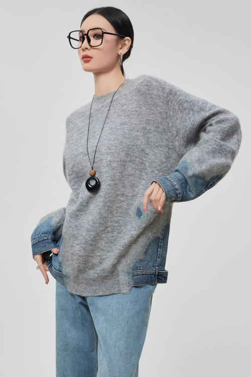 Denim Patchwork Crew Neck Top
