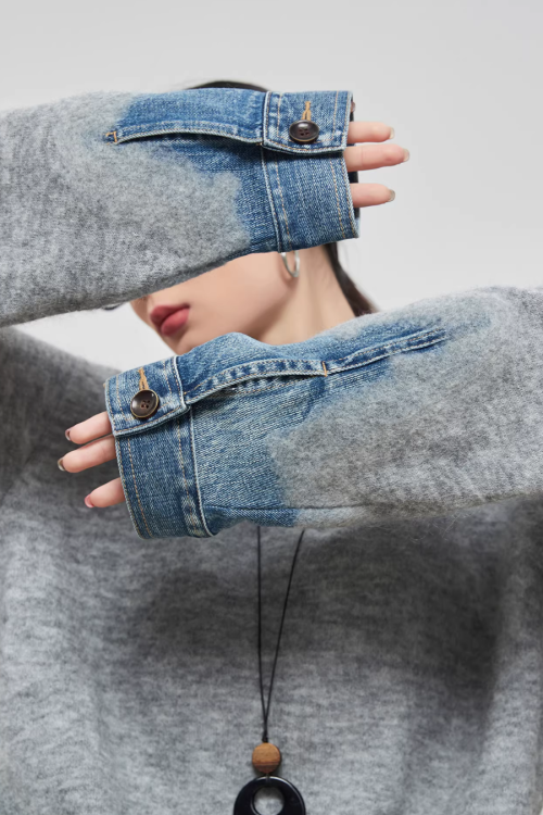 Denim Patchwork Crew Neck Top
