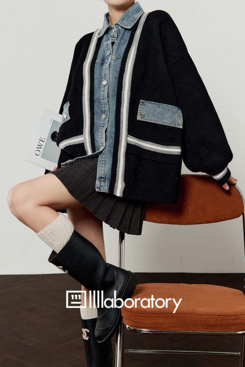 Denim Shirt Docking Knit Cardigan