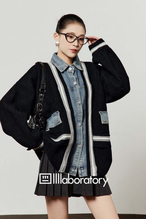 Denim Shirt Docking Knit Cardigan