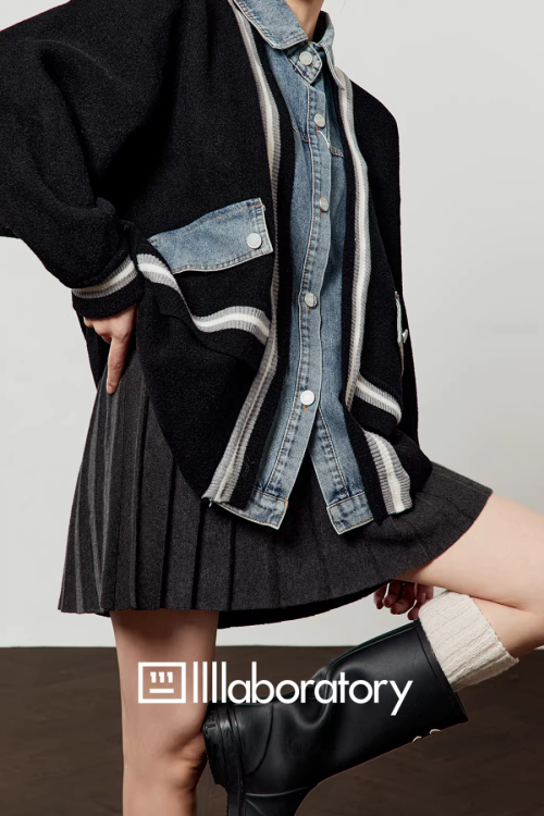 Denim Shirt Docking Knit Cardigan