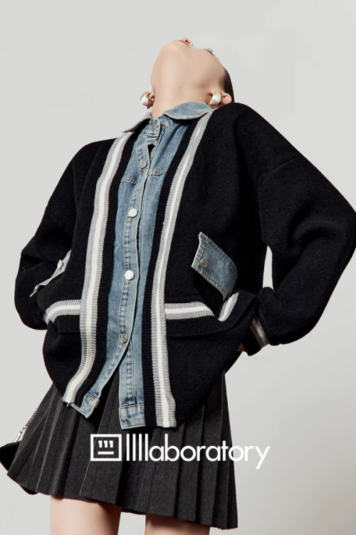 Denim Shirt Docking Knit Cardigan