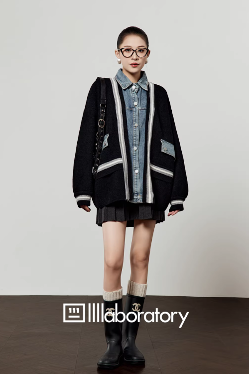 Denim Shirt Docking Knit Cardigan