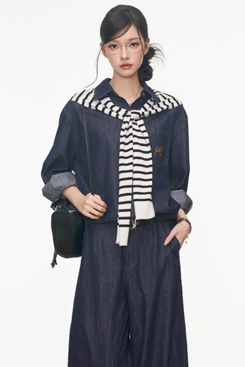 Denim Shirt / Wide Denim Pants / Shoulder-Carry Top