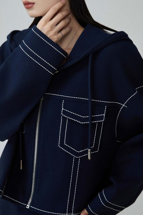 Denim-Style Zip Hoodie / Elastic Waist Mini Skirt