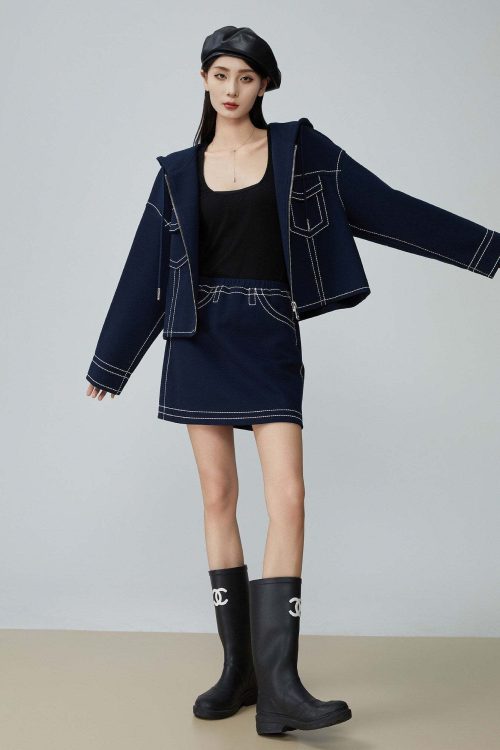 Denim-Style Zip Hoodie / Elastic Waist Mini Skirt