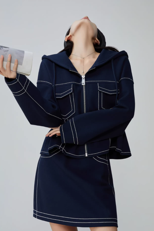 Denim-Style Zip Hoodie / Elastic Waist Mini Skirt