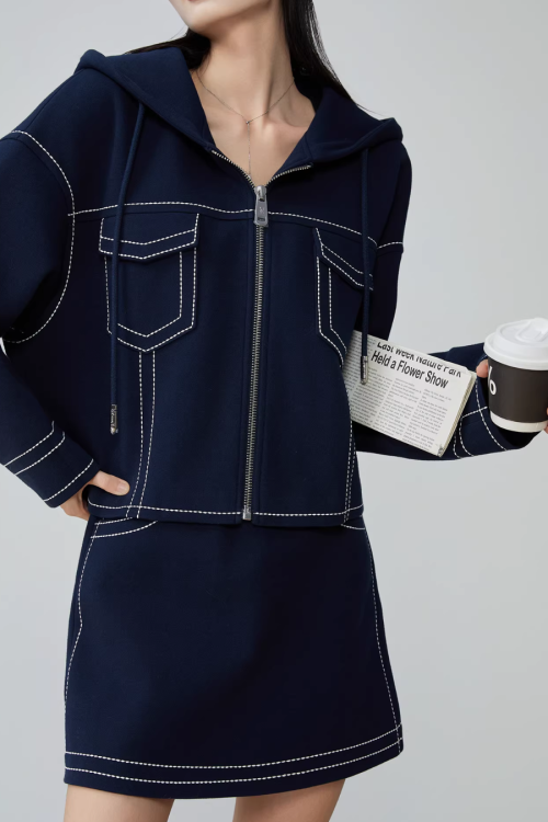 Denim-Style Zip Hoodie / Elastic Waist Mini Skirt