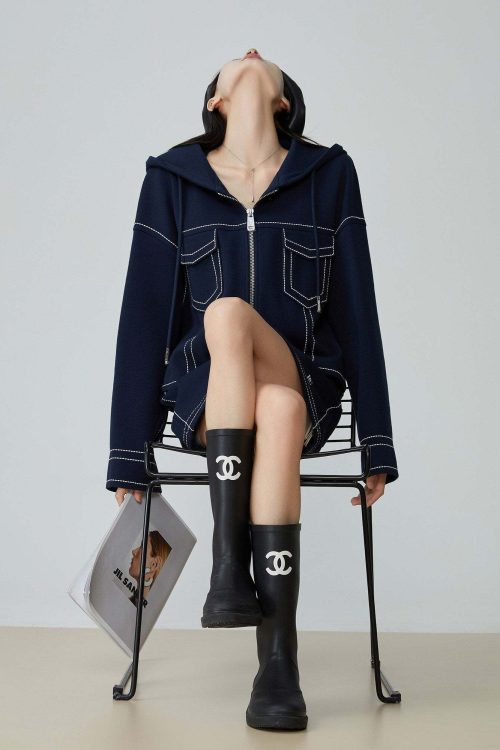 Denim-Style Zip Hoodie / Elastic Waist Mini Skirt